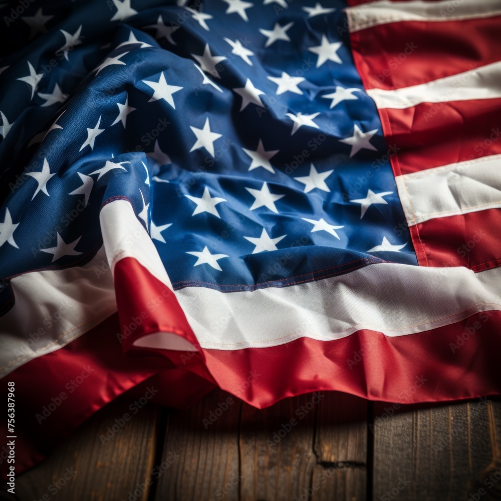 Obraz premium American flag on wooden table background