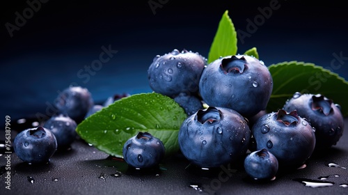 Close-up of ripe blueberries with water drops and leaves on a dark table a lot of empty blue background