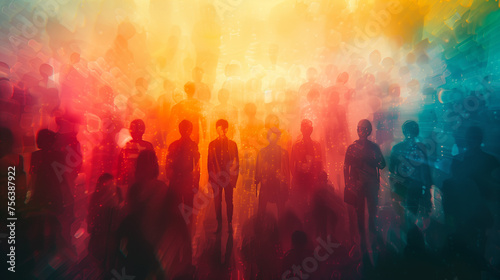 Abstract silhouette of a diverse crowd with a vibrant, multicolored bokeh overlay, suitable for backgrounds or concepts about unity, diversity, or community events © fotogurmespb