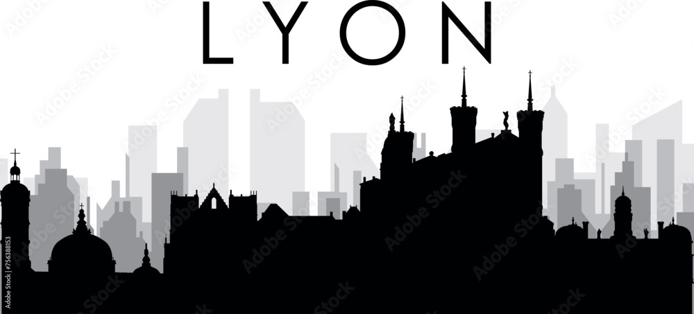 Black cityscape skyline panorama with gray misty city buildings background of LYON, FRANCE