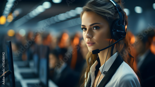 Young friendly operator woman agent with headsets working in a call centre. © photo for everything
