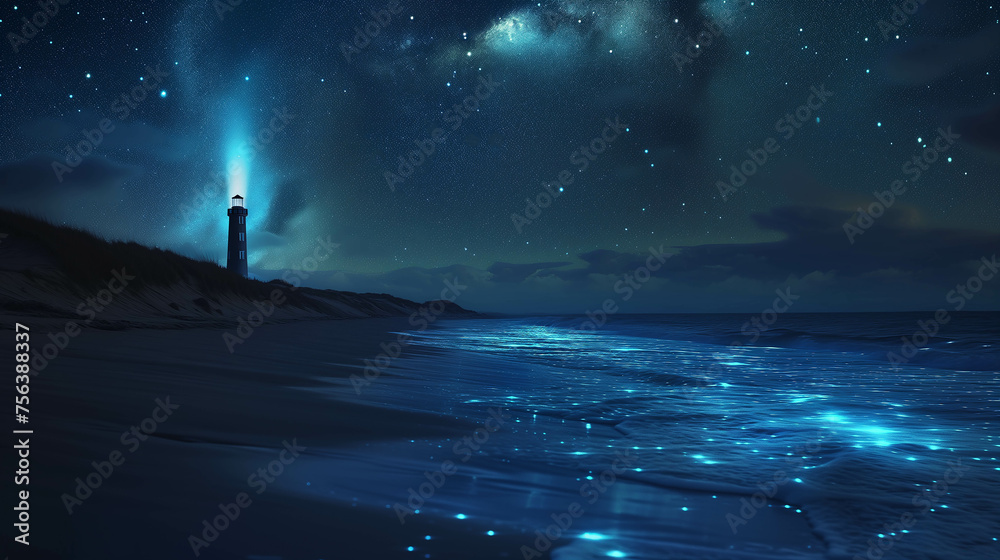 Fototapeta premium Quiet night scenery It overlooks the sandy beach and sea with a lighthouse tower that lights up at night.