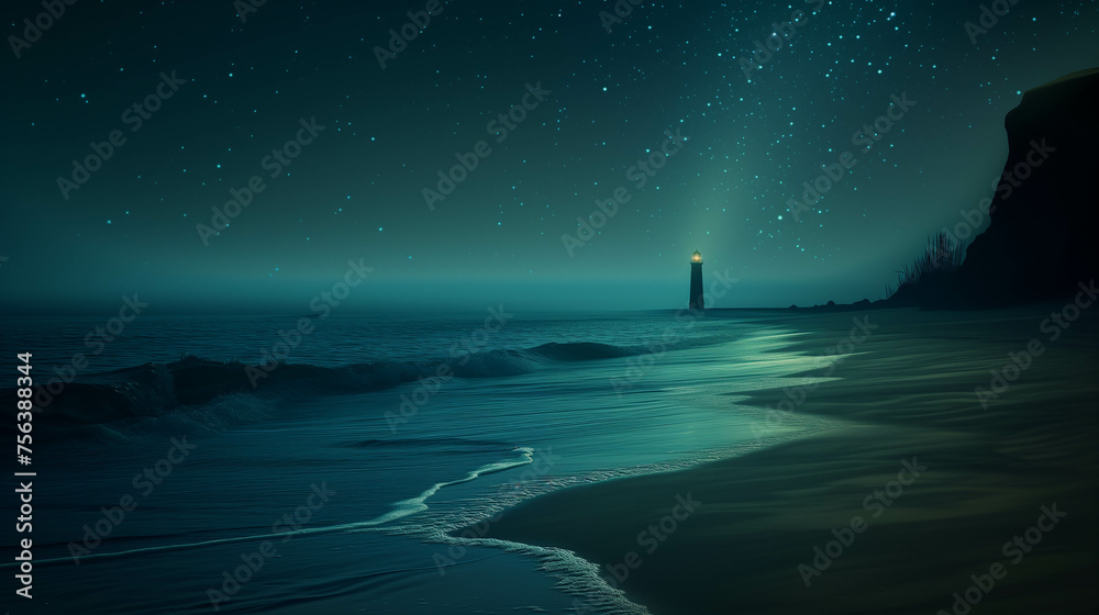 Quiet night scenery It overlooks the sandy beach and sea with a lighthouse tower that lights up at night. - obrazy, fototapety, plakaty 