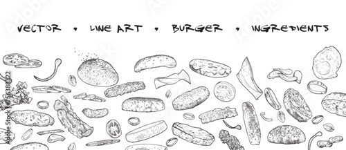 Line art vector hand drawn burger ingredients for restaurant, pub menu design. 