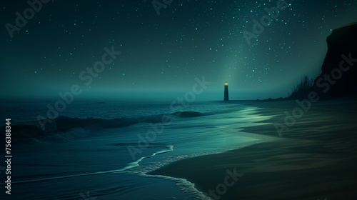 Quiet night scenery It overlooks the sandy beach and sea with a lighthouse tower that lights up at night.