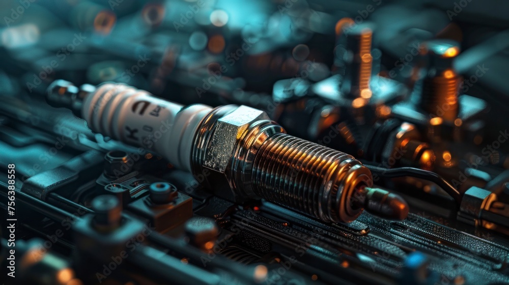 The mechanic carefully pulled out the worn spark plug from the car engine during the repair check, noticing a buildup of metal particles on the coil.