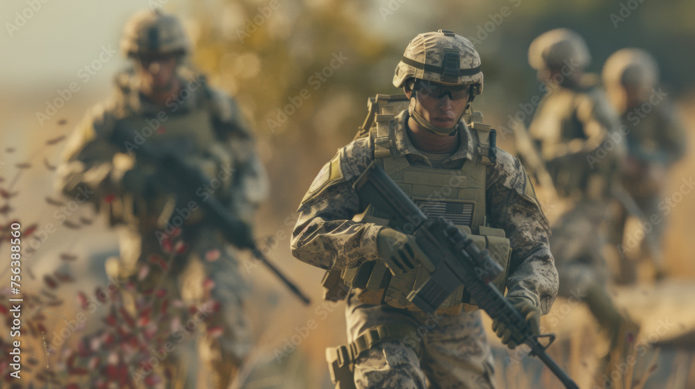 Soldiers in camouflage advancing in tactical formation during a mission.