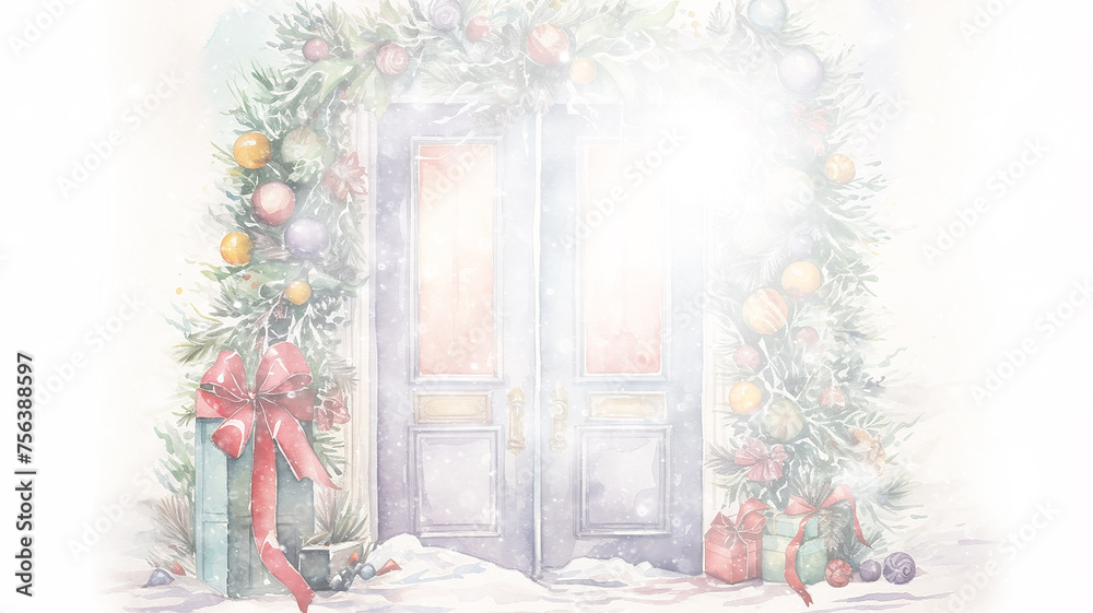 christmas winter decoration background, white snowfall decorated door, new year entrance postcard copy space
