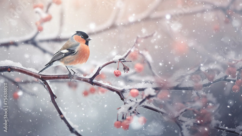 small abstract bird on a branch, winter greeting card greeting background wildlife copy space © kichigin19