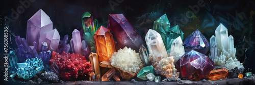 Vibrant panoramic digital artwork of various colorful crystal formations, ideal for background with space for text, suitable for mystical and fantasy themes