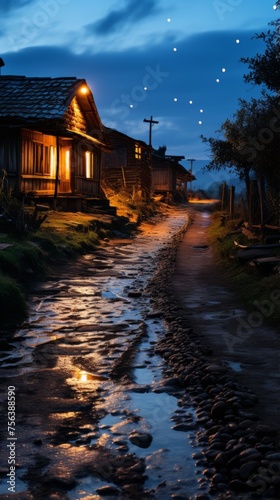 A cobblestone street in a small village with traditional wooden houses at night