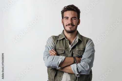 friendly latin cool 30 years old man, wearing rolled up sleeves shirt and simple utility vest, crossed arms. on the white background. generative AI © yj