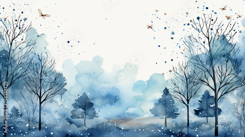 winter postcard blank form watercolor drawing, landscape in blue tones, covered with snow, snowfall in light blue tones abstract blurred background