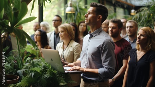 A group of people in a greenhouse listening to a man with a laptop photo