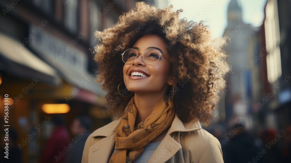 A young woman with curly hair smiles happily while walking down a busy street