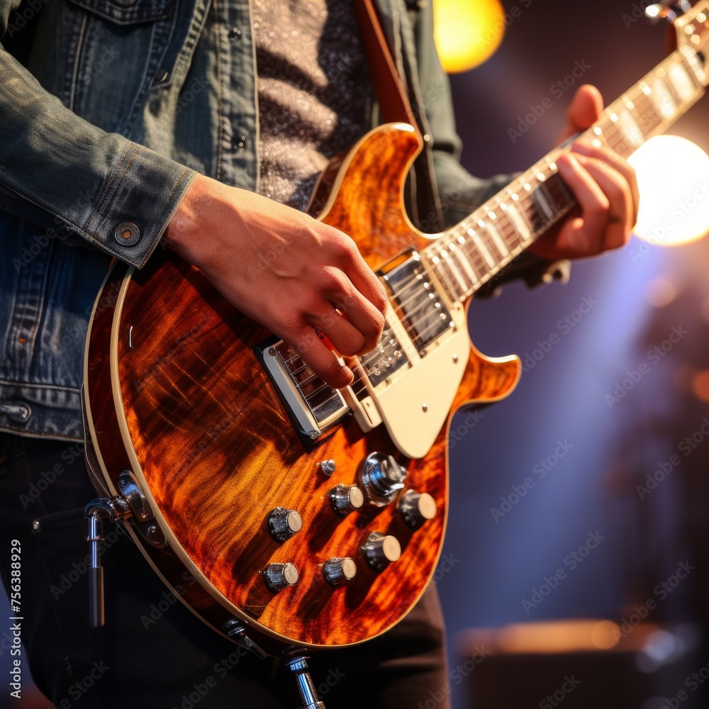 Fototapeta premium Close-up of an unrecognizable person playing the guitar on stage