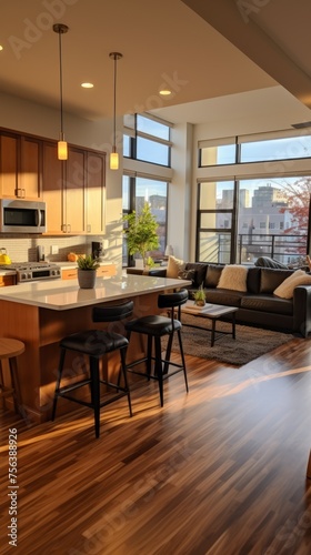 An open-concept living space with a kitchen  dining area  and living room