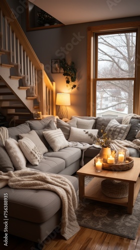 Cozy living room with a couch, coffee table, and wintery decorations