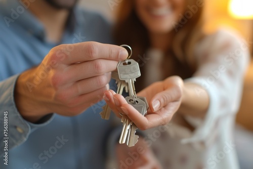 Real estate agent giving keys to new homeowners