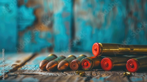 Trap Shoot: Aiming for Success with Shooting Sports Equipment and Bullets on a Wooden Table Background photo
