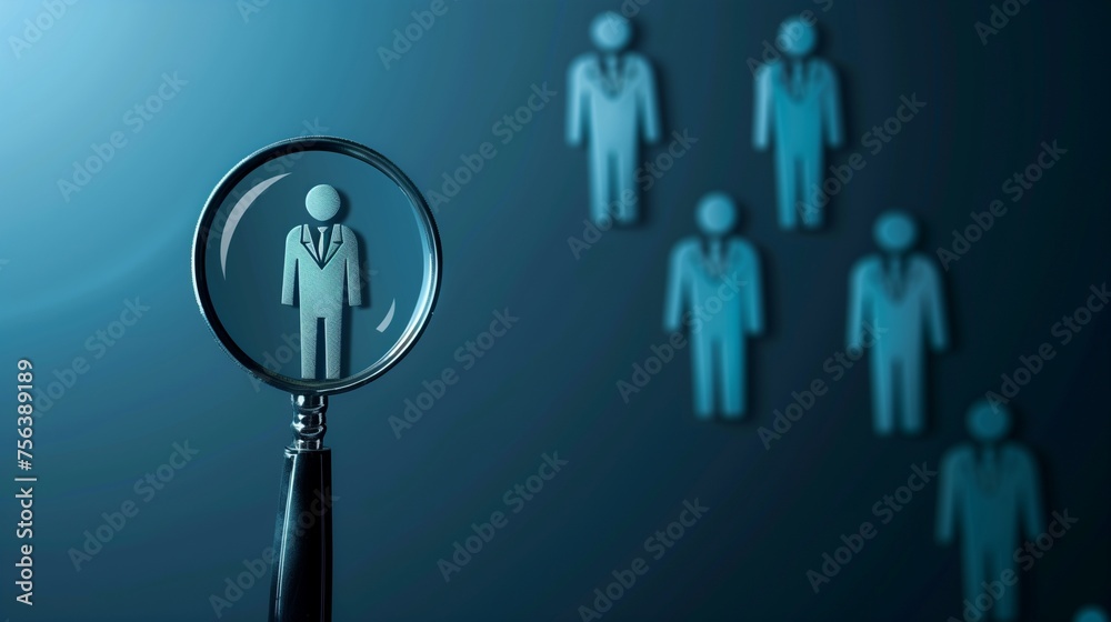 A conceptual image illustrating the process of human resource management and recruitment in business, depicting the search for the most talented and suitable employee for a company. A conceptual image illustrating the process of human resource management and recruitment in business, depicting the search for the most talented and suitable employee for a company.