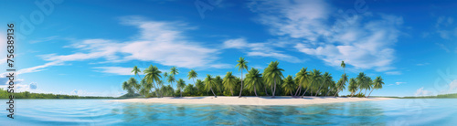 Nature landscape view of a tropical sunny beach and blue water ocean. Summer travel advertising holiday © Katewaree