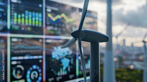 A sophisticated wind turbine data analytics dashboard displaying real-time metrics and graphs for assessing the efficiency and profitability of renewable energy production. photo