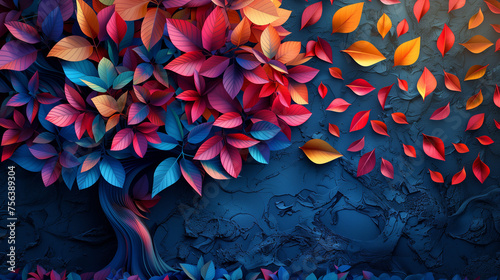 Vibrant multicolored paper leaves on dark blue textured background with space for text, ideal for autumnal graphics or seasonal designs