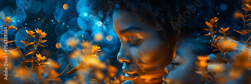Artistic impression of a serene African woman's profile with child amidst vibrant orange flowers and blue bokeh, ideal for backgrounds with space for text on mindfulness or Mother's Day themes