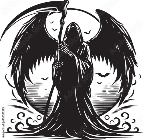 Silhouette of a grim reaper isolated on white background