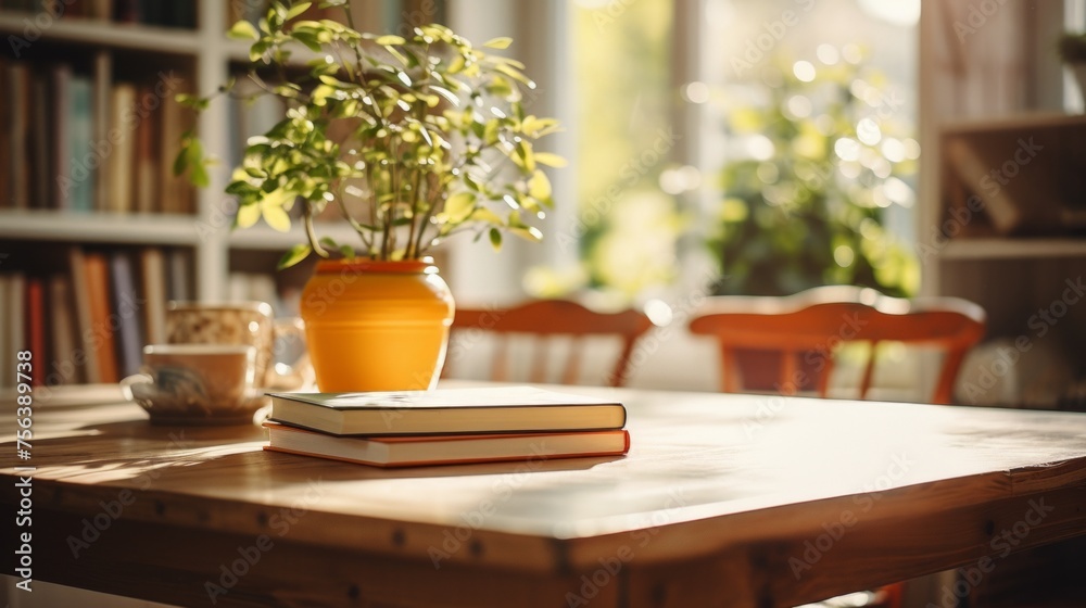 An open book sits on a wooden table in front of a window with a potted plant and teacup in the background An open book sits on a wooden table in front of a window with a potted plant and teacup in the background