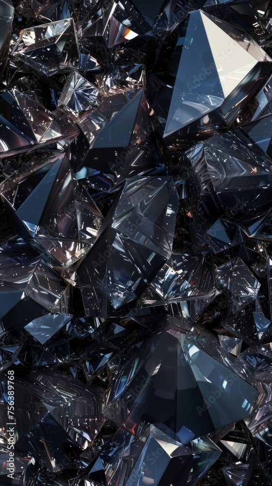 A 3D rendered, abstract panorama of black crystal formations, showcasing a faceted texture that resembles a wide, macroscopic view of a mysterious, dark gemstone landscape. A 3D rendered, abstract panorama of black crystal formations, showcasing a faceted texture that resembles a wide, macroscopic view of a mysterious, dark gemstone landscape.
