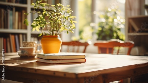 An open book sits on a wooden table in front of a window with a potted plant and teacup in the background