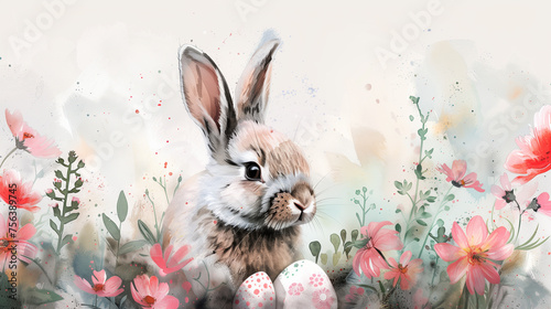 Easter-themed watercolor background with a central illustration of a rabbit, decorated eggs, and blooming spring flowers, with ample space for text