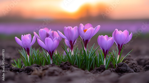 Close-up of saffron flowers in a field
