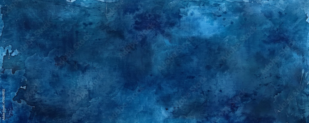A backdrop of dark blue watercolor paint, providing a textured grunge effect that can serve as a dramatic background or banner. - obrazy, fototapety, plakaty 