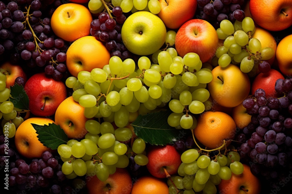 A variety of fruits including apples and grapes