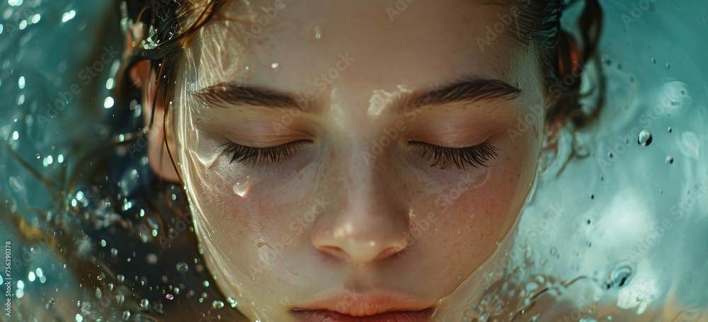Serene woman with closed eyes submerged in water. Peaceful and calm relaxation. Serene woman with closed eyes submerged in water. Peaceful and calm relaxation.