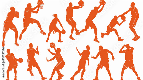A series of silhouettes of basketball players in orange shorts and jerseys