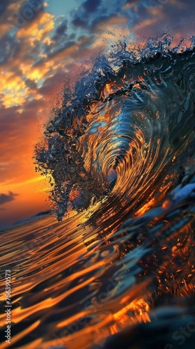 A colorful wave with a sunset in the background © vadymstock