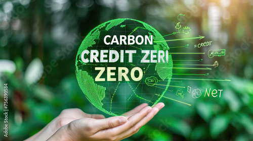 A person is holding a globe with the words Carbon Credit Zero written on it photo