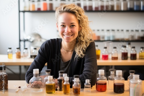 Portrait of a smiling young woman with curly blonde hair in a laboratory with shelves of colorful bottles and jars
