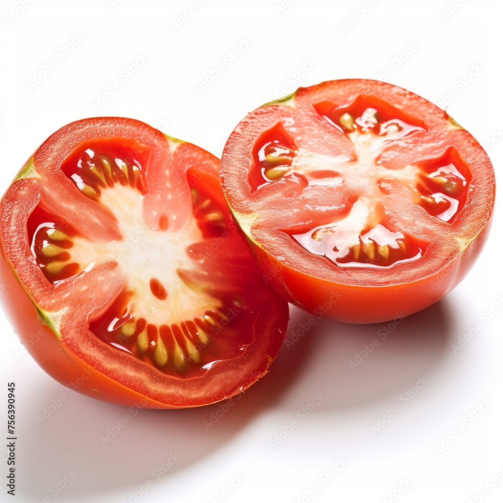 Two halves of a tomato on a white background