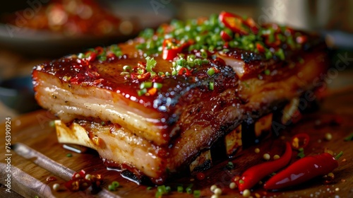 A close-up view of a succulent piece of baked pork belly, accompanied by a tangy sauce and fiery chili peppers, served on a wooden cutting board.