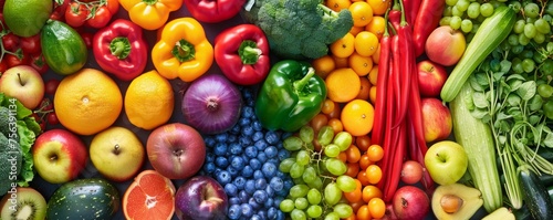 A colorful display of fresh  organic fruits and vegetables arranged in a rainbow spectrum  symbolizing health and natural diversity