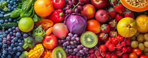 A colorful display of fresh  organic fruits and vegetables arranged in a rainbow spectrum  symbolizing health and natural diversity