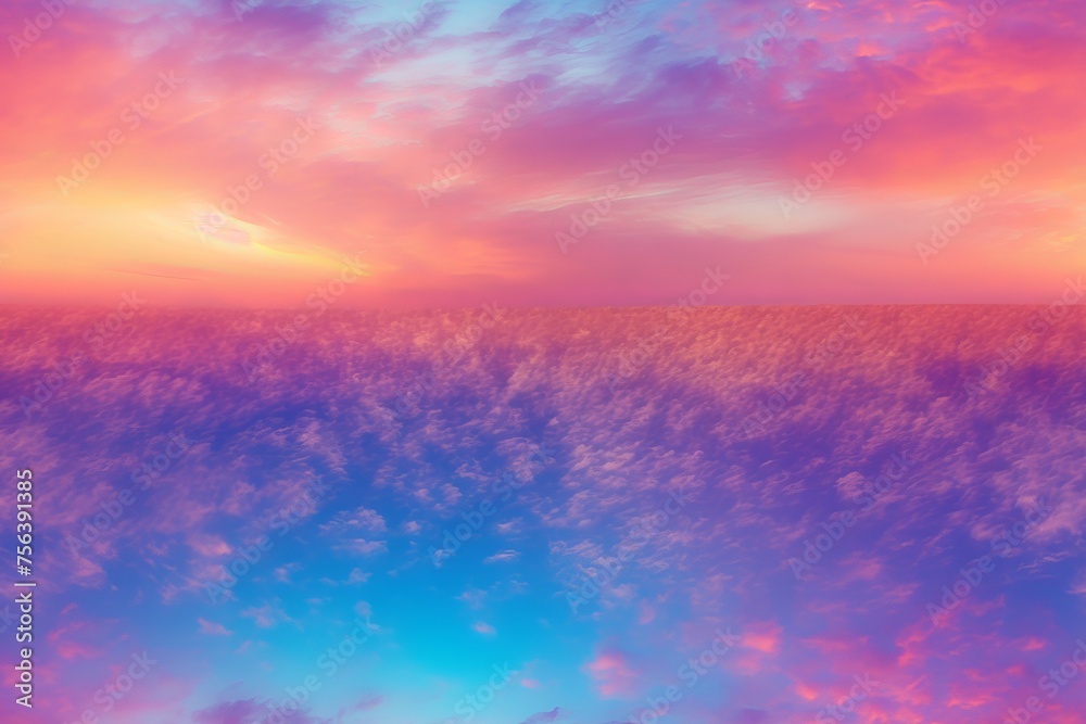 A surreal landscape with a pink, blue, and purple sky and a field of pink and purple flowers.
