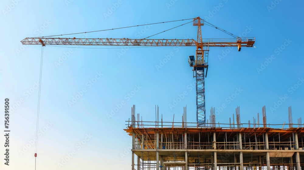 A construction site with a crane and building framework set against a clear blue sky, capturing the progress and ambition of urban development and architectural growth.