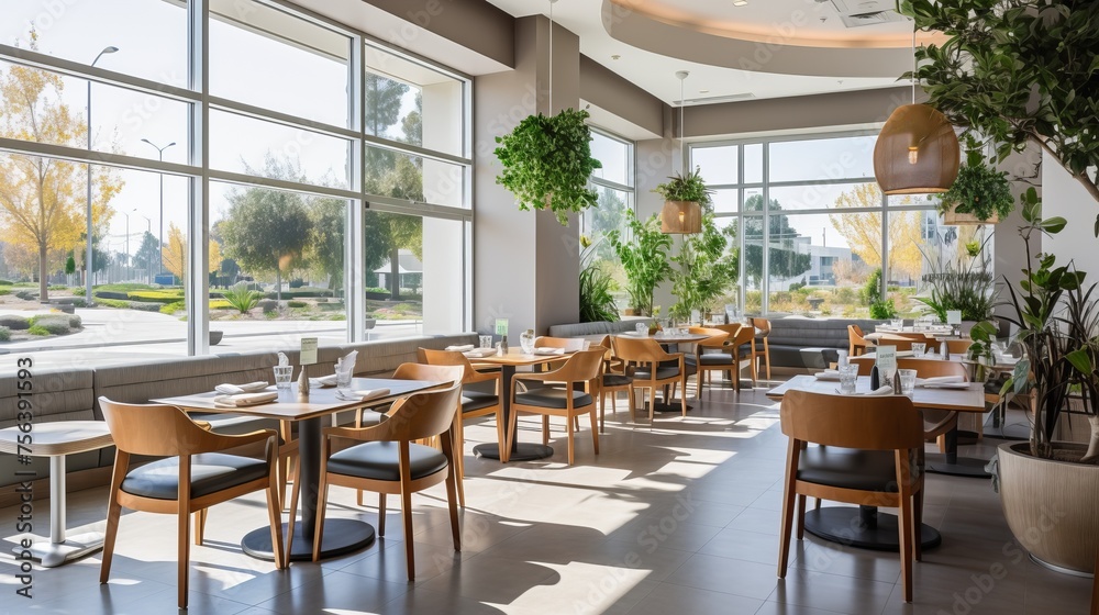 contemporary upscale restaurant interior with large windows