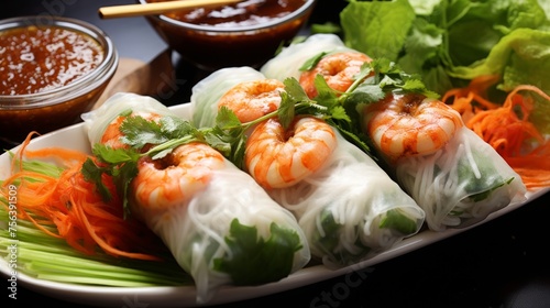 Fresh and healthy Vietnamese summer rolls with shrimp, rice noodles, vegetables, and herbs, served with a sesame peanut sauce